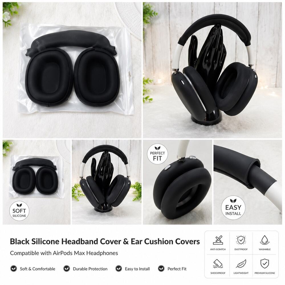 Black Silicone Cover Set for AirPods Max Ear Cushions & Headband Protector